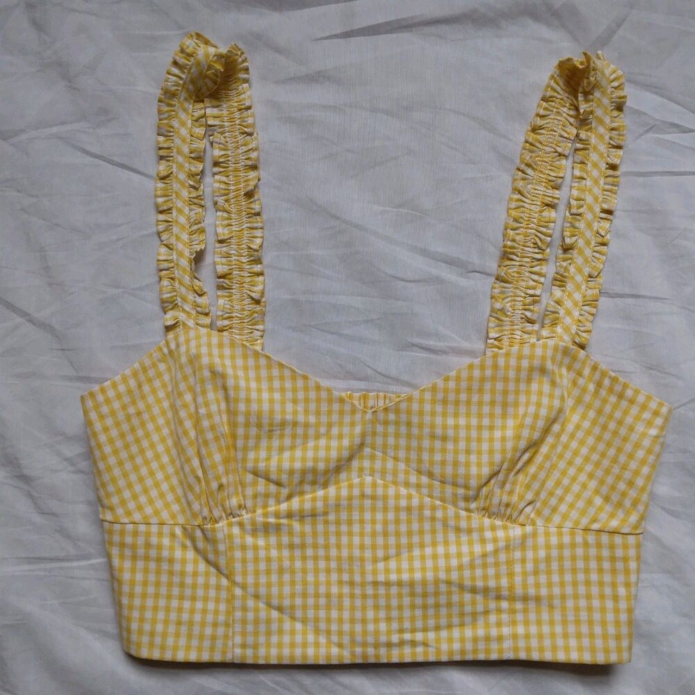 Zara Cropped Yellow White Gingham Tank Top Western Daisy Duke Boho Womens Small - Picture 3 of 12